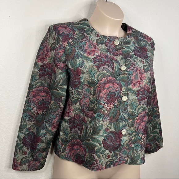 Vintage 80s Inseperables Blazer Green Red Floral Shoulder Pads Gold Button - Picture 2 of 9